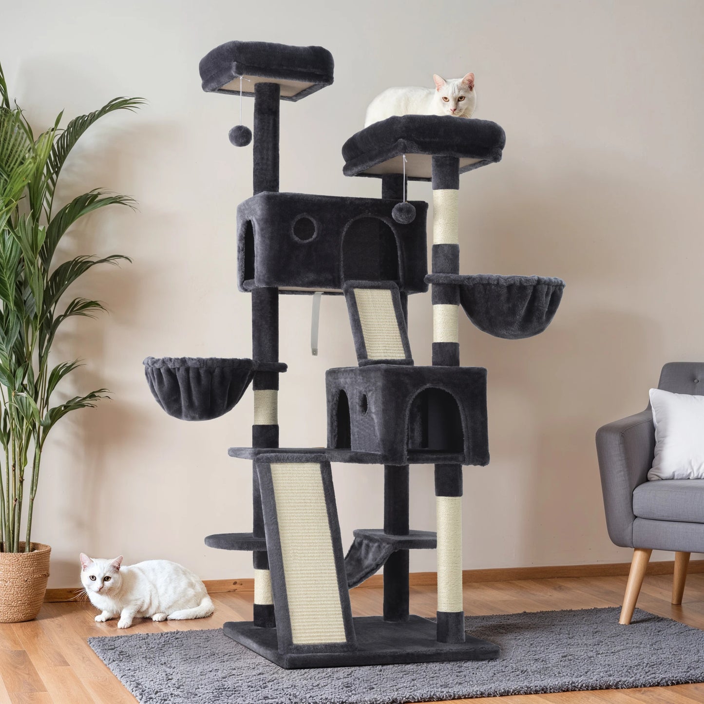 65in Multi-Level Large Cat Tree Tower with Plush Perches, Cozy Condos, Baskets & Sisal Scratching Posts - Premium Pet Furniture