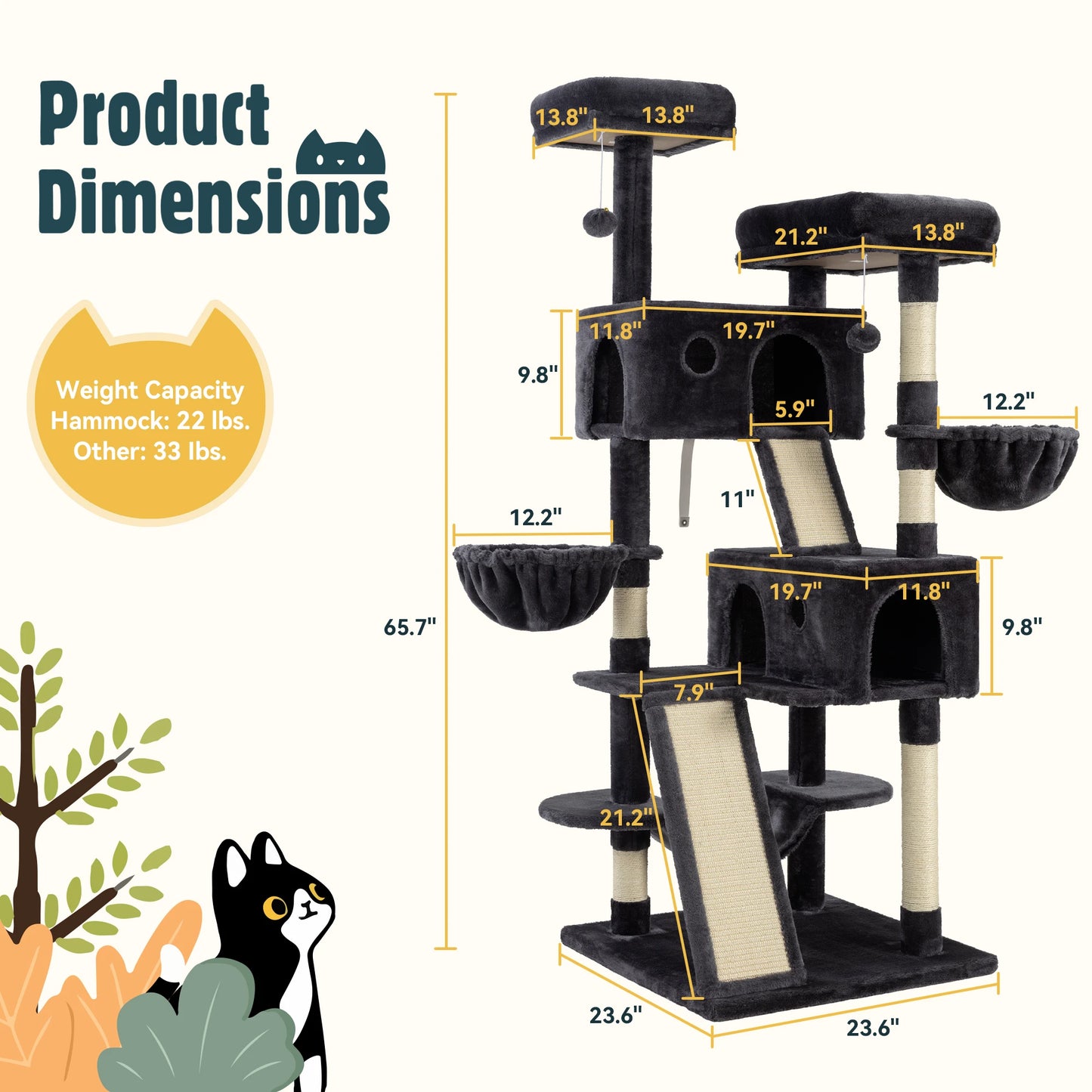 65in Multi-Level Large Cat Tree Tower with Plush Perches, Cozy Condos, Baskets & Sisal Scratching Posts - Premium Pet Furniture