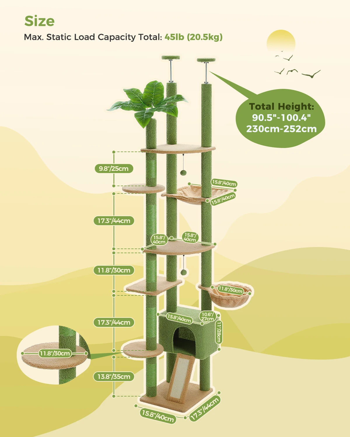 Cactus Floor-to-Ceiling Cat Tree – Adjustable Height Cat Tower with Cozy Condo, Hammock & Scratching Post – Tall Activity Tree