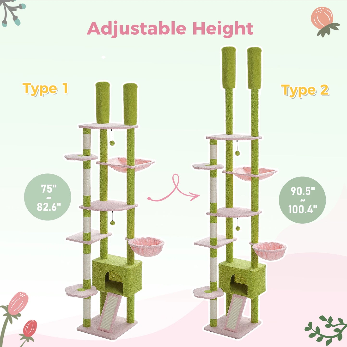 Cactus Floor-to-Ceiling Cat Tree – Adjustable Height Cat Tower with Cozy Condo, Hammock & Scratching Post – Tall Activity Tree