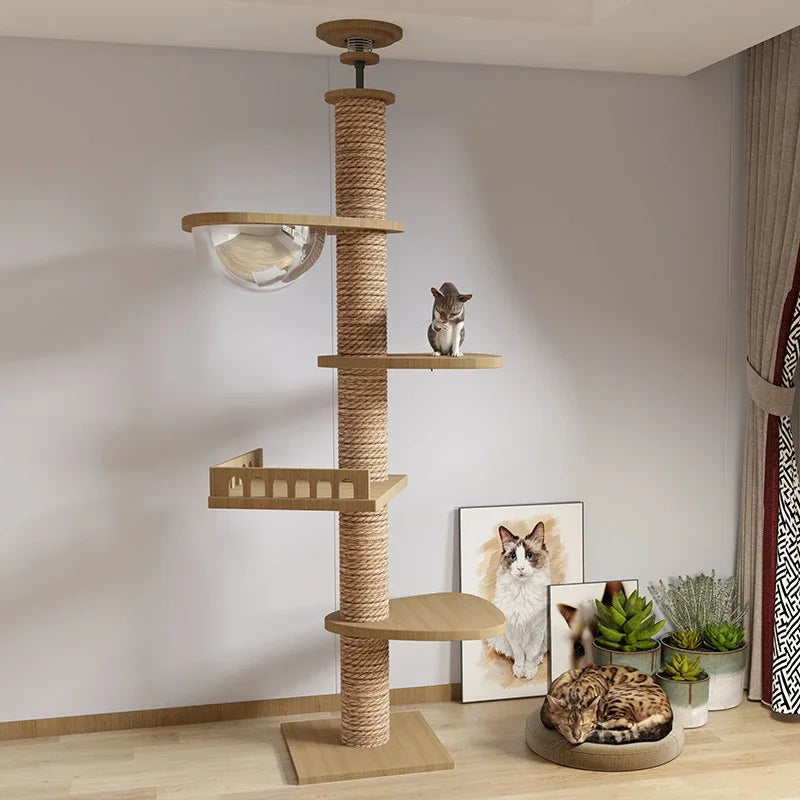 Floor-to-Ceiling Cat Tree Tower with Scratching Post, Hammock & Solid Wood Design – Perfect Pet Furniture for Climbing and Relaxing