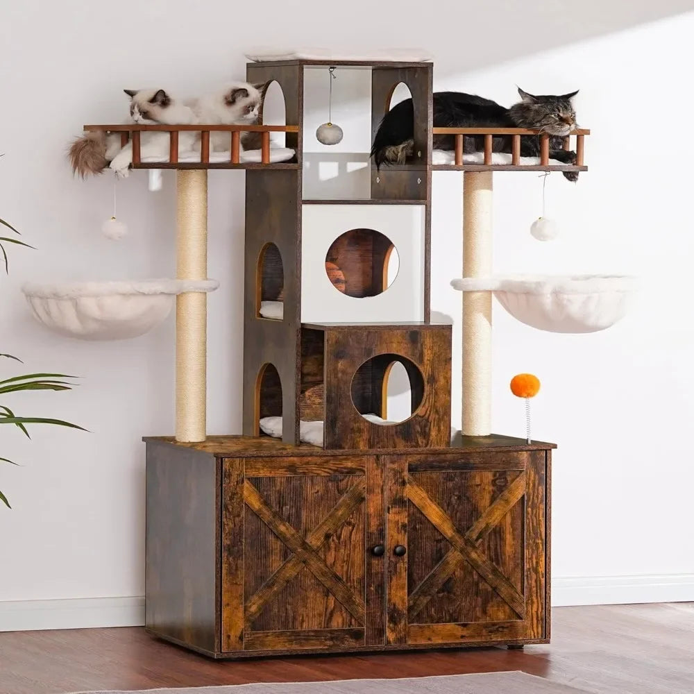 Cat Tree Tower with Litter Box Enclosure for Indoor Large or Small Cats - Modern Cat Condo Furniture