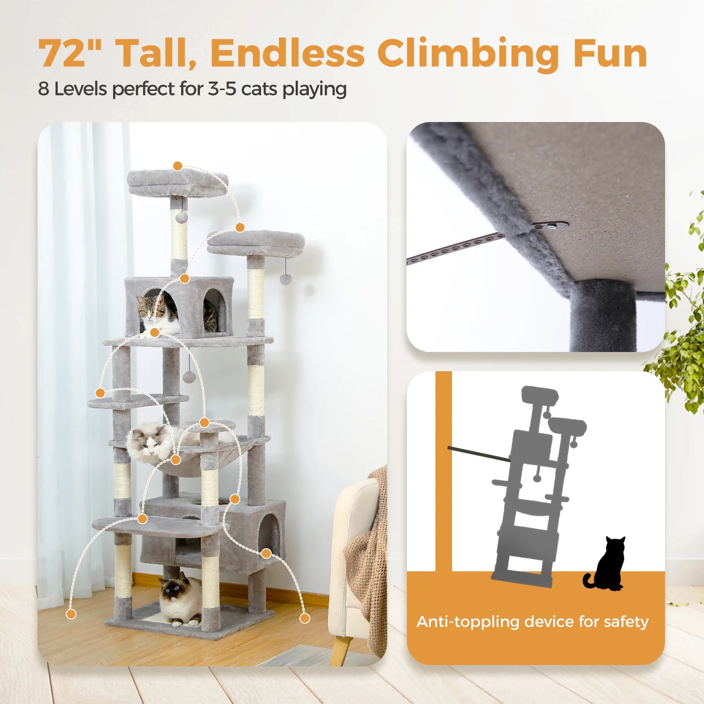 Large Cat Tree Tower for Indoor Cats – Sisal Scratching Posts, Spacious Hammock, Padded Perches & Cozy Condos