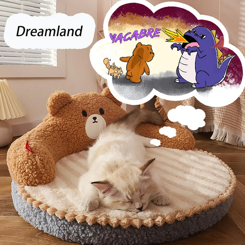 Teddy Bear Cat Bed – Cozy Pet Cushion with Pillow for Small Cats & Dogs – Soft, Washable Nest & Kennel Mat for Deep Sleep Comfort