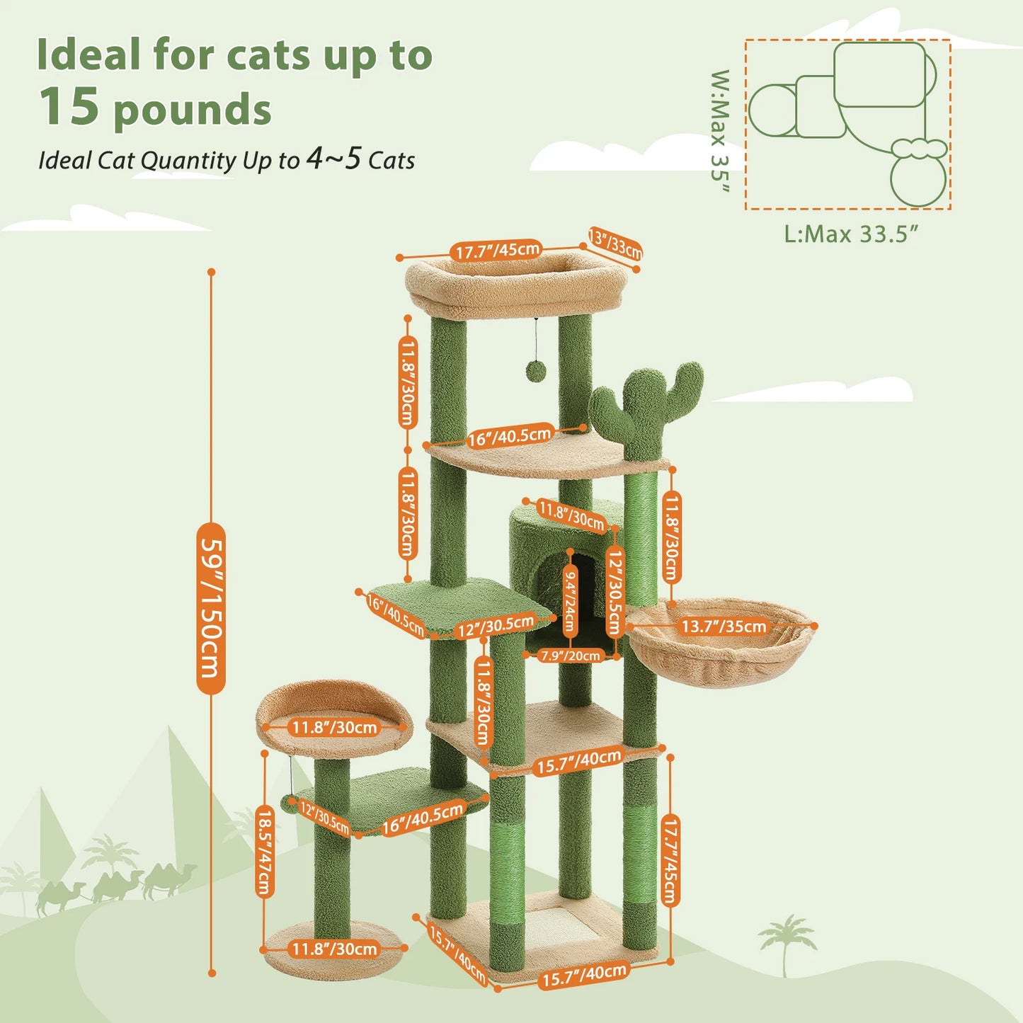 Tall Cactus Cat Tree for Large Cats – Multi-Level Tower with Spacious Hammock, Sisal Scratching Post & 2 Plush Perches for Indoor Cats