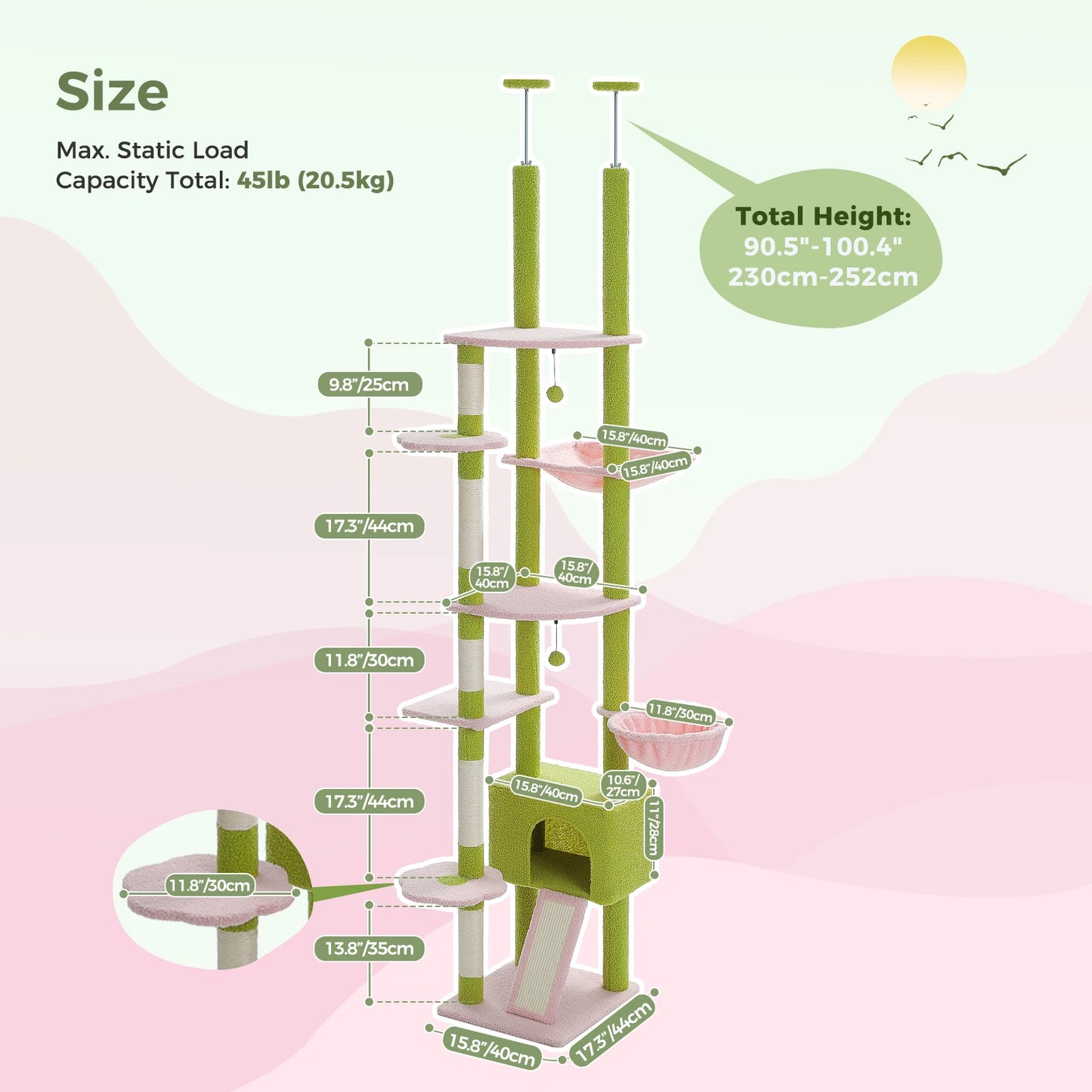 Cactus Floor-to-Ceiling Cat Tree – Adjustable Height Cat Tower with Cozy Condo, Hammock & Scratching Post – Tall Activity Tree