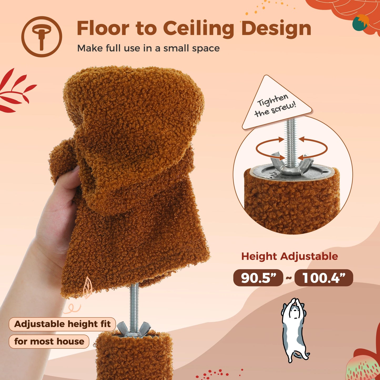 Floor-to-Ceiling Cat Tree Tower – Adjustable Height with Cozy Cat Condo, Hammock & Scratching Post – Tall Activity Tree