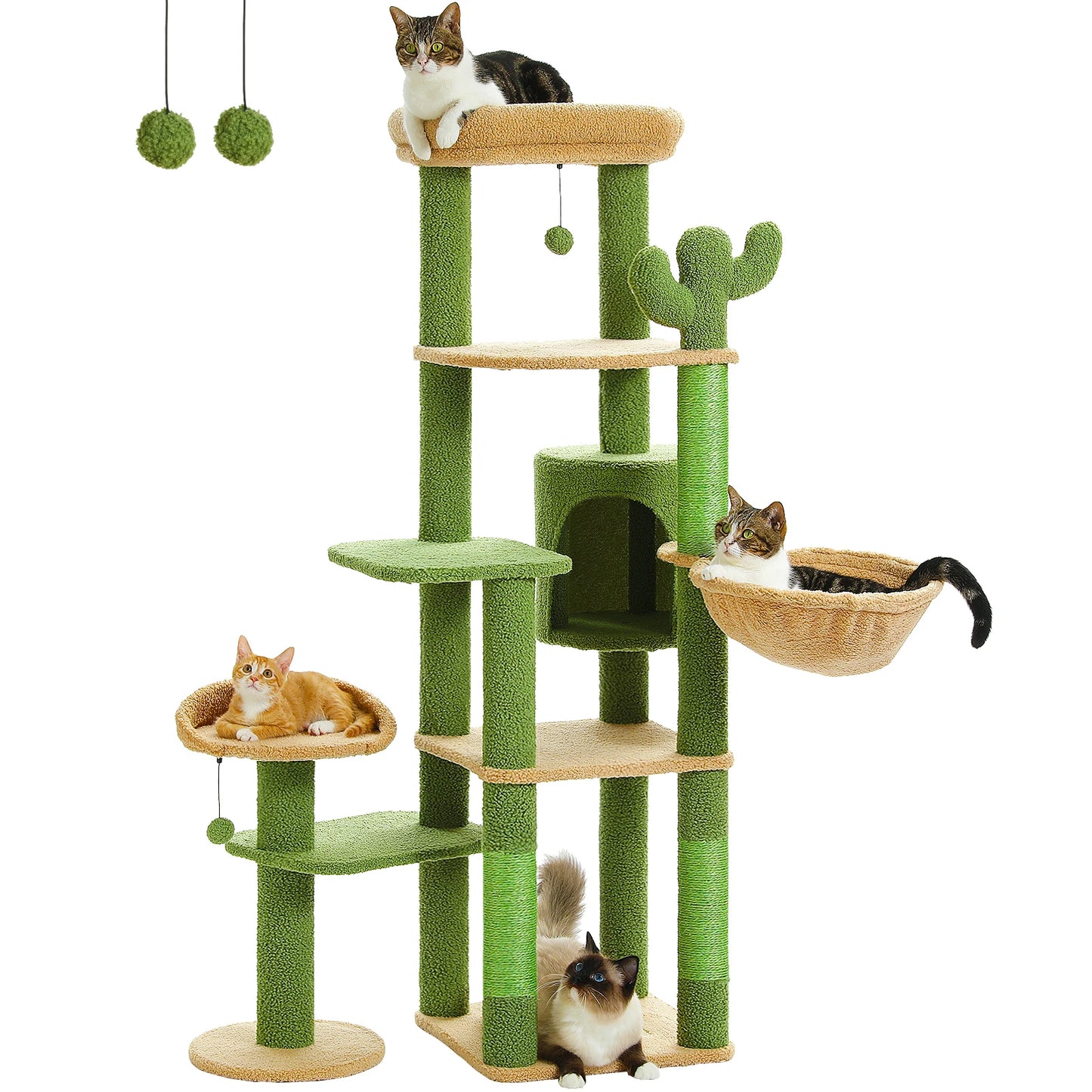 Tall Cactus Cat Tree for Large Cats – Multi-Level Tower with Spacious Hammock, Sisal Scratching Post & 2 Plush Perches for Indoor Cats