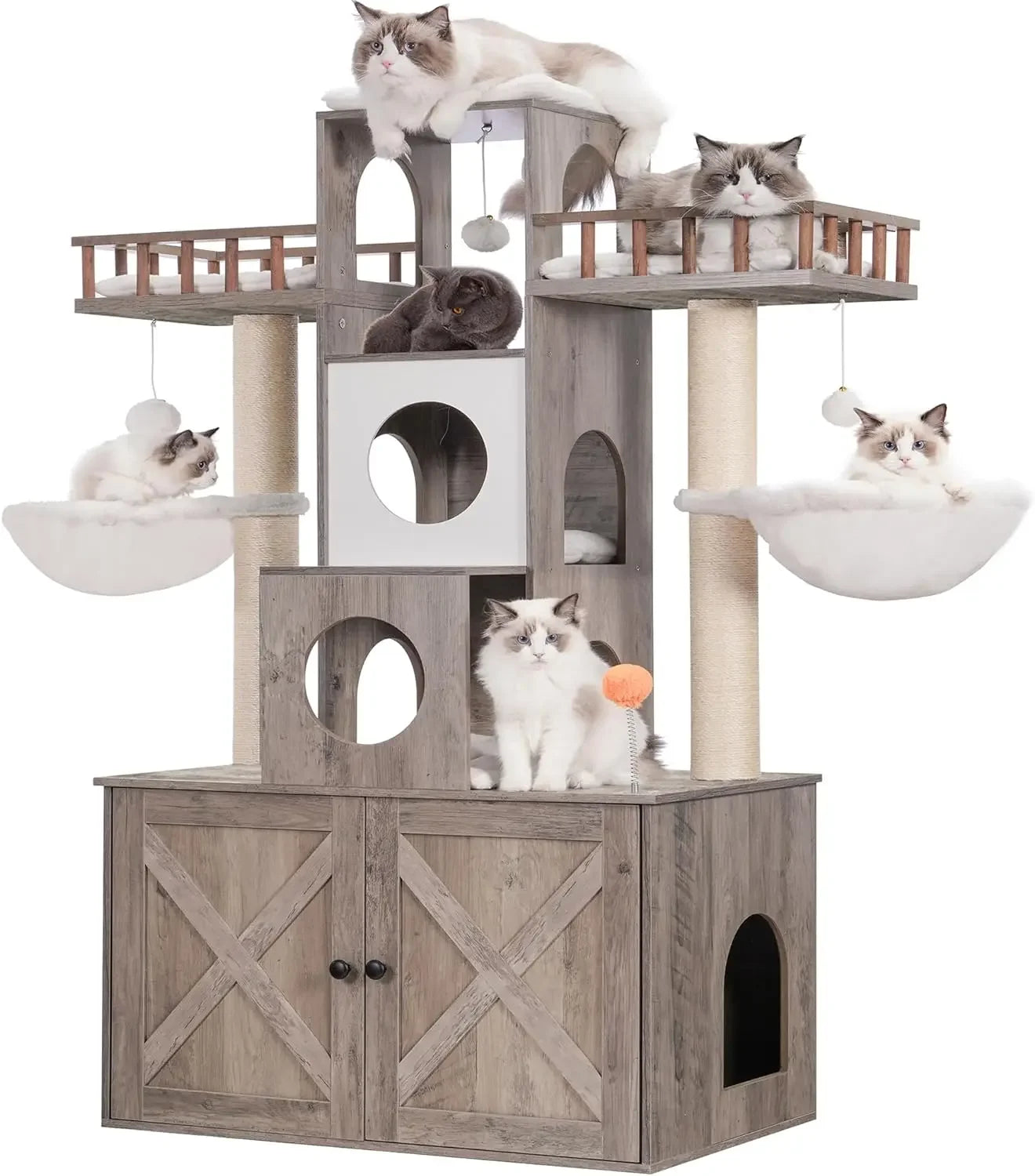 Cat Tree Tower with Litter Box Enclosure for Indoor Large or Small Cats - Modern Cat Condo Furniture