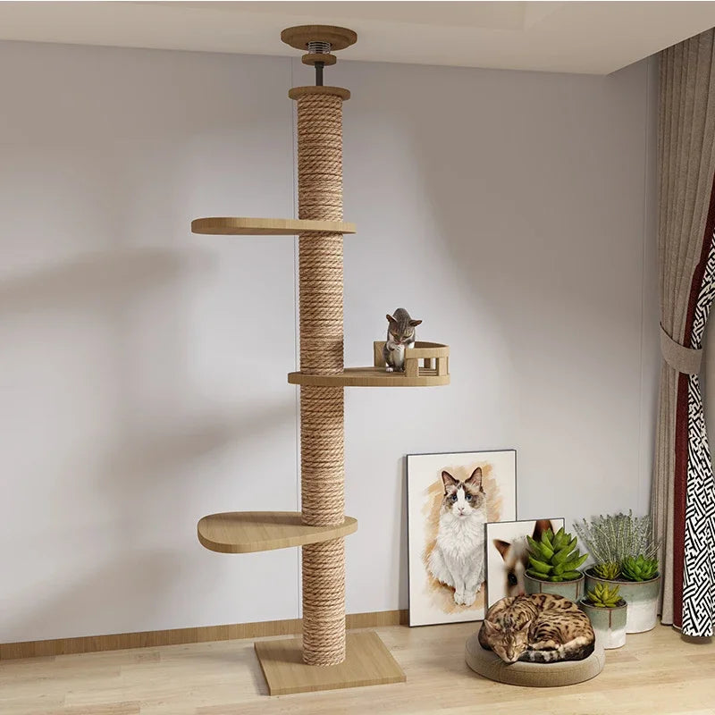 Floor-to-Ceiling Cat Tree Tower with Scratching Post, Hammock & Solid Wood Design – Perfect Pet Furniture for Climbing and Relaxing