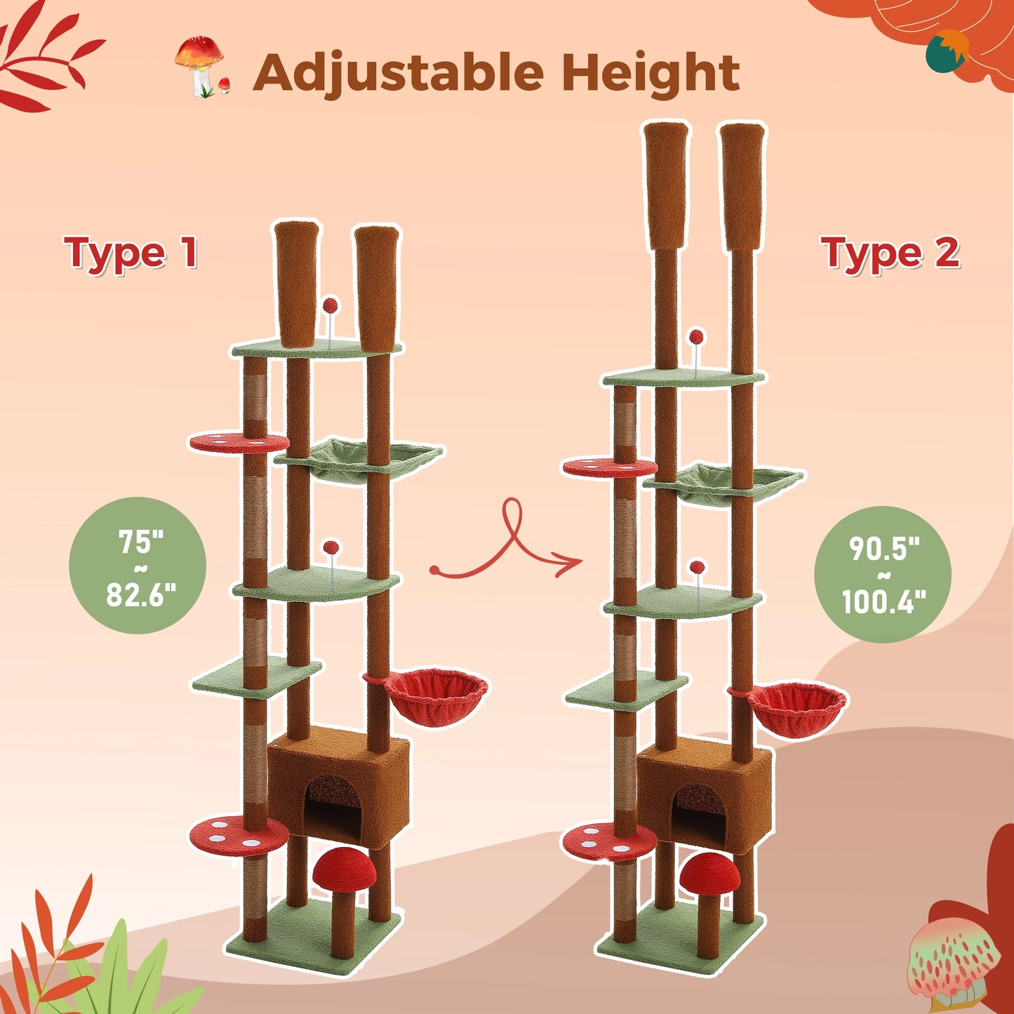 Floor-to-Ceiling Cat Tree Tower – Adjustable Height with Cozy Cat Condo, Hammock & Scratching Post – Tall Activity Tree