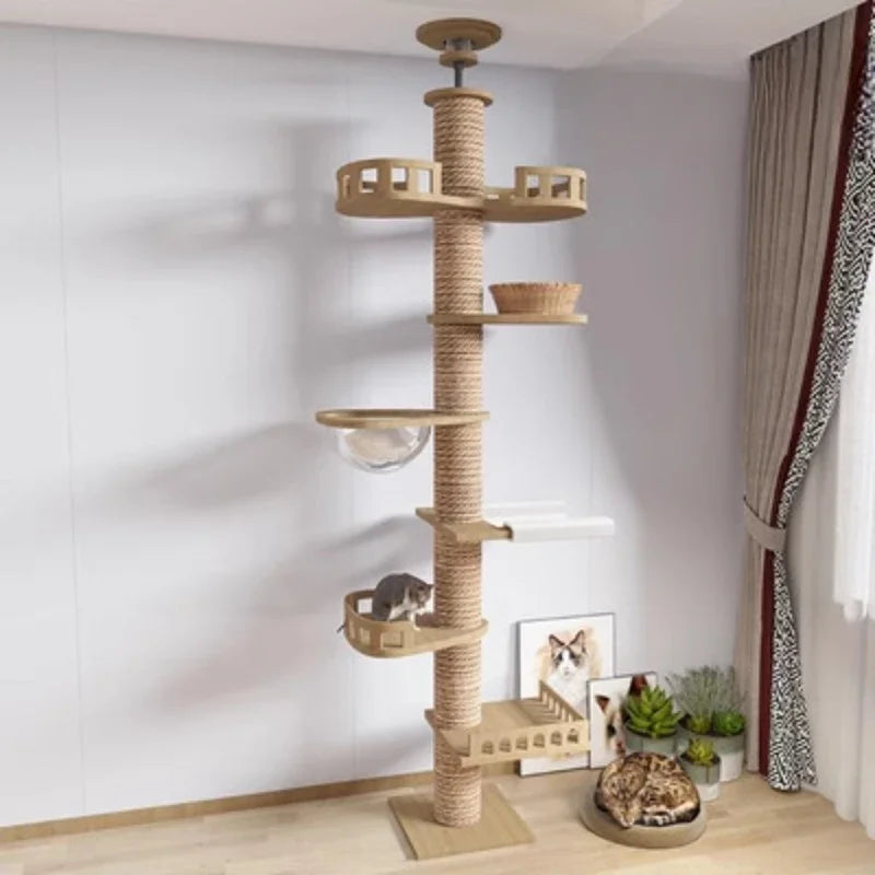 Floor-to-Ceiling Cat Tree Tower with Scratching Post, Hammock & Solid Wood Design – Perfect Pet Furniture for Climbing and Relaxing