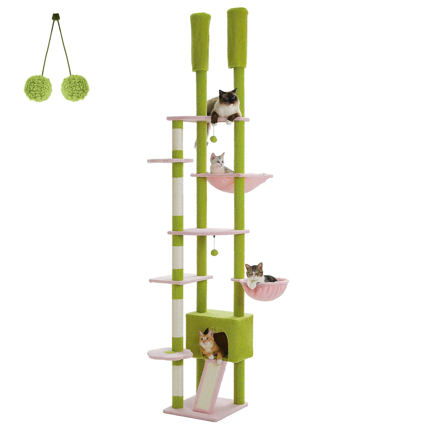 Cactus Floor-to-Ceiling Cat Tree – Adjustable Height Cat Tower with Cozy Condo, Hammock & Scratching Post – Tall Activity Tree