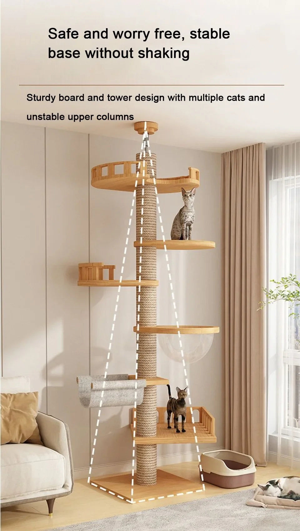 Floor-to-Ceiling Cat Tree Tower with Scratching Post, Hammock & Solid Wood Design – Perfect Pet Furniture for Climbing and Relaxing