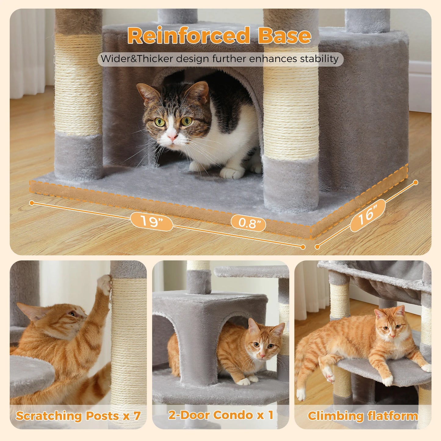 Large Cat Tree Tower for Indoor Cats – Sisal Scratching Posts, Spacious Hammock, Padded Perches & Cozy Condos