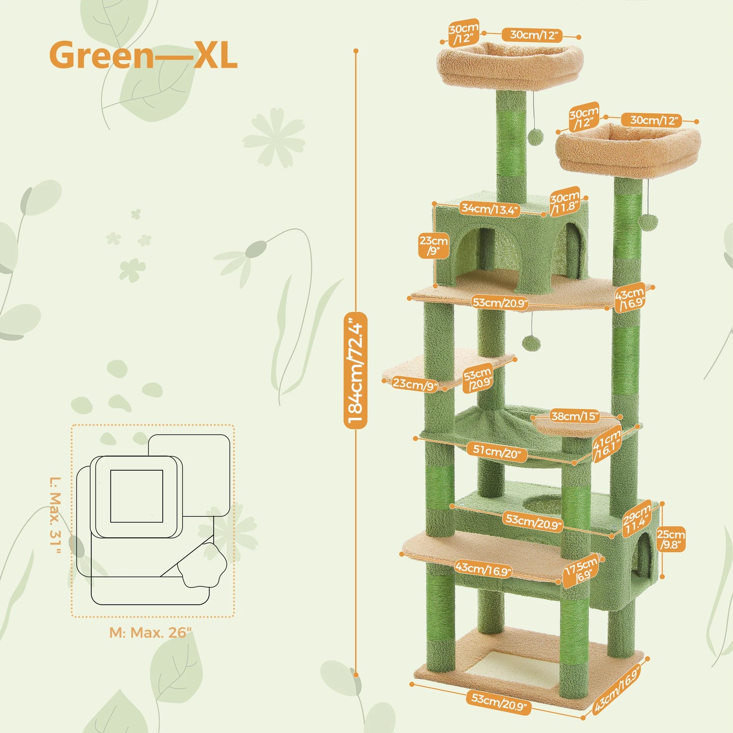 Large Green Cat Tree Tower – Multi-Level Indoor Playground with Sisal Scratching Posts, Spacious Hammock, Padded Perches & Cozy Condos