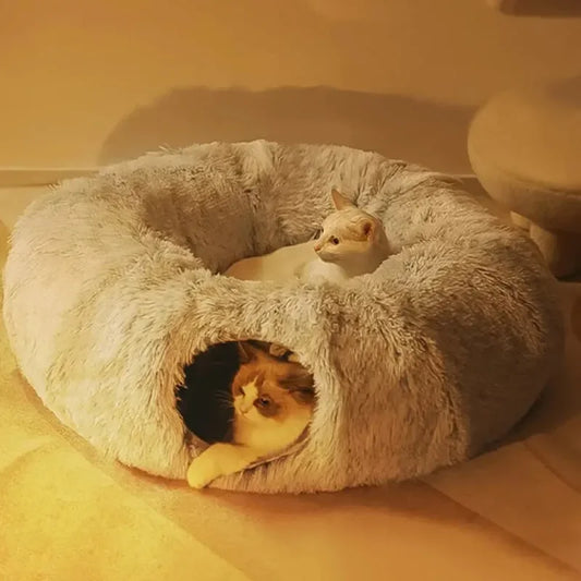 Plush Cat Tunnel Bed for Indoor Cats – Multifunctional Fluffy Donut Bed with Cozy Tunnel & Peekaboo Peephole