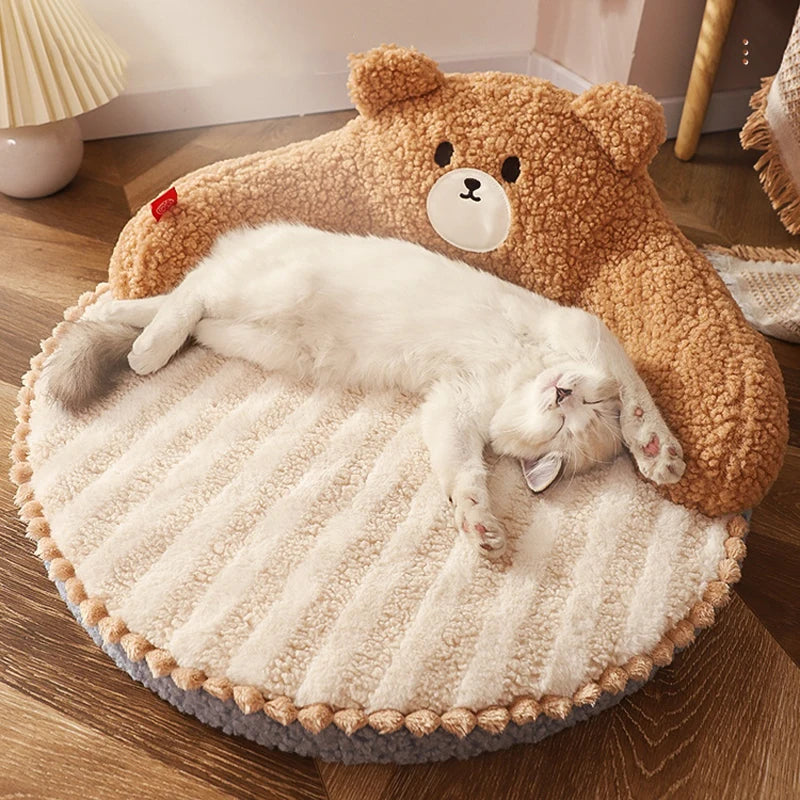 Teddy Bear Cat Bed – Cozy Pet Cushion with Pillow for Small Cats & Dogs – Soft, Washable Nest & Kennel Mat for Deep Sleep Comfort