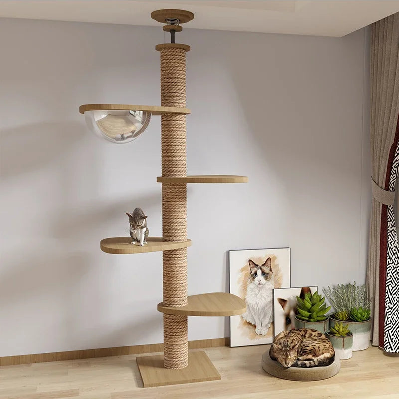 Floor-to-Ceiling Cat Tree Tower with Scratching Post, Hammock & Solid Wood Design – Perfect Pet Furniture for Climbing and Relaxing