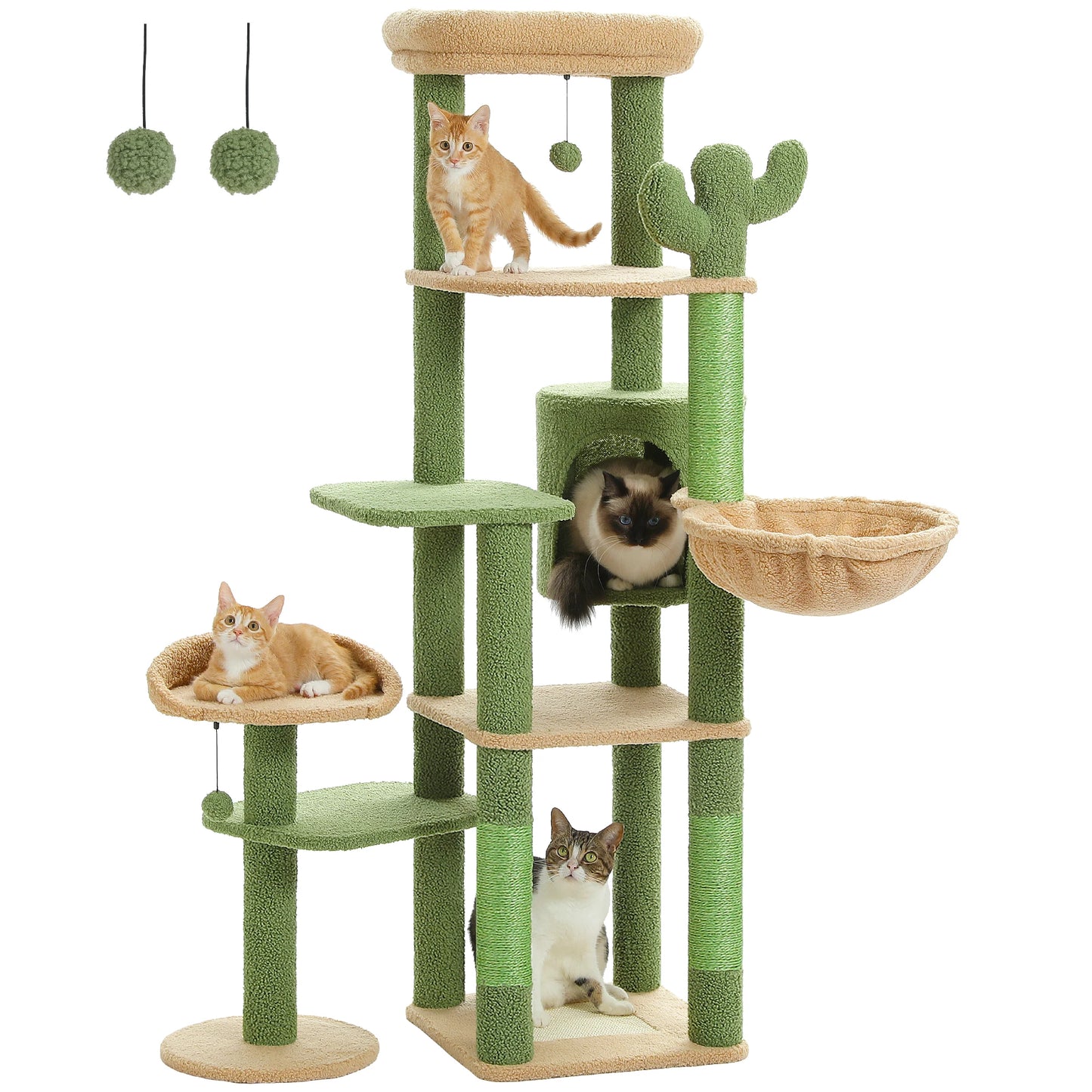 Tall Cactus Cat Tree for Large Cats – Multi-Level Tower with Spacious Hammock, Sisal Scratching Post & 2 Plush Perches for Indoor Cats