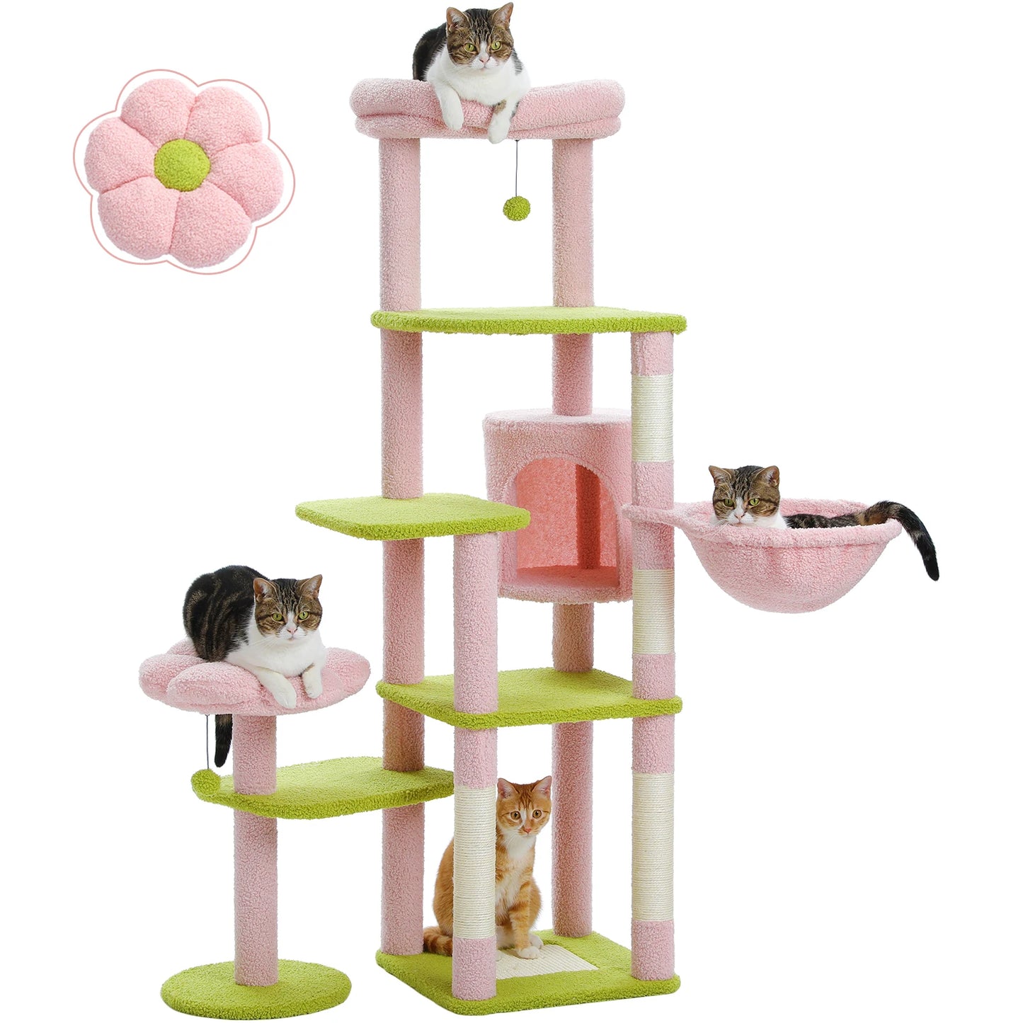 Tall Cactus Cat Tree for Large Cats – Multi-Level Tower with Spacious Hammock, Sisal Scratching Post & 2 Plush Perches for Indoor Cats