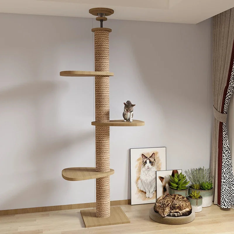 Floor-to-Ceiling Cat Tree Tower with Scratching Post, Hammock & Solid Wood Design – Perfect Pet Furniture for Climbing and Relaxing