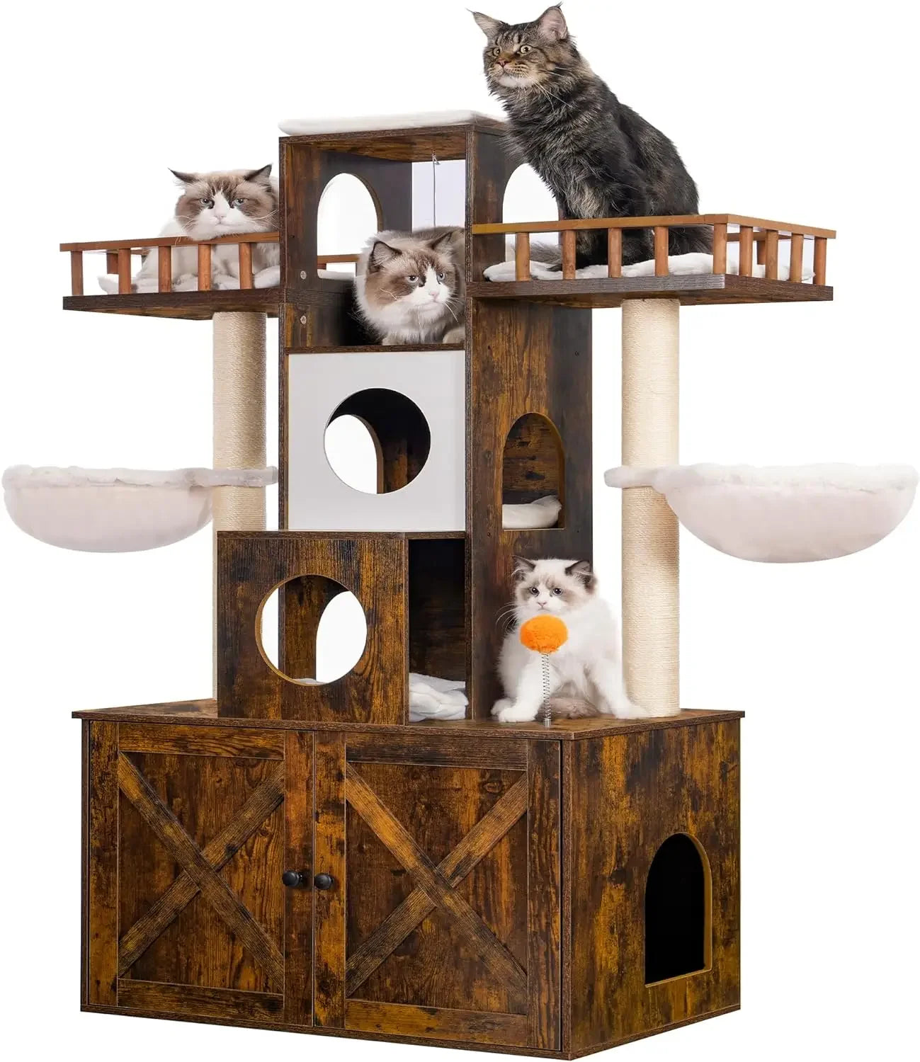 Cat Tree Tower with Litter Box Enclosure for Indoor Large or Small Cats - Modern Cat Condo Furniture