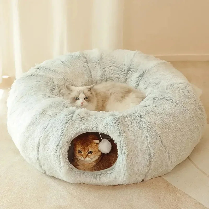 Plush Cat Tunnel Bed for Indoor Cats – Multifunctional Fluffy Donut Bed with Cozy Tunnel & Peekaboo Peephole