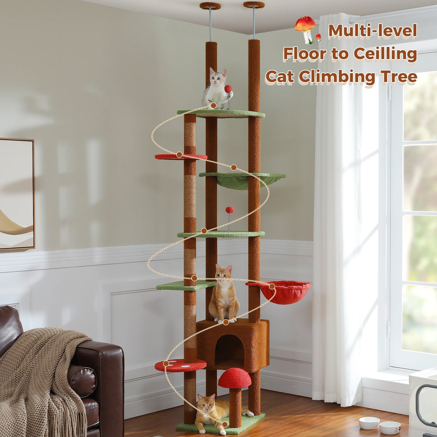 Floor-to-Ceiling Cat Tree Tower – Adjustable Height with Cozy Cat Condo, Hammock & Scratching Post – Tall Activity Tree