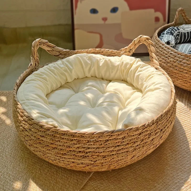 Handmade Woven Vine Cat Nest – All-Season Cozy Bed with Detachable, Washable Warmth Pad – Stylish & Durable Pet Lounge - Pet Supplies Accessories