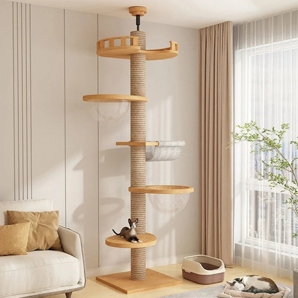 Floor-to-Ceiling Cat Tree Tower with Scratching Post, Hammock & Solid Wood Design – Perfect Pet Furniture for Climbing and Relaxing