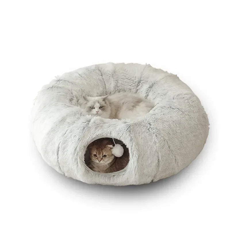 Plush Cat Tunnel Bed for Indoor Cats – Multifunctional Fluffy Donut Bed with Cozy Tunnel & Peekaboo Peephole