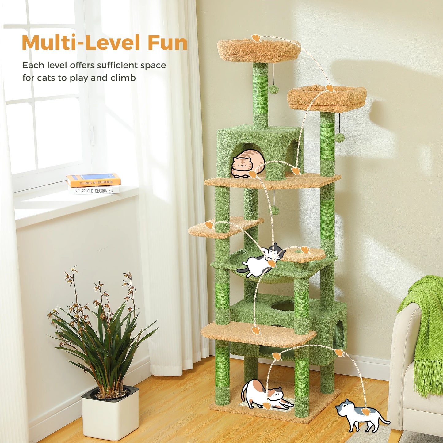 Large Green Cat Tree Tower – Multi-Level Indoor Playground with Sisal Scratching Posts, Spacious Hammock, Padded Perches & Cozy Condos