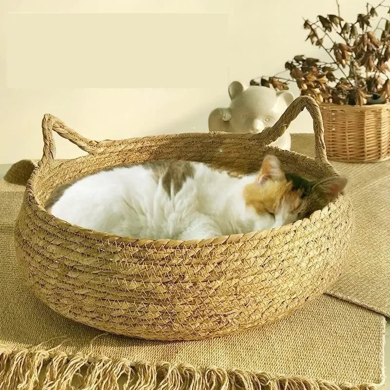 Handmade Woven Vine Cat Nest – All-Season Cozy Bed with Detachable, Washable Warmth Pad – Stylish & Durable Pet Lounge - Pet Supplies Accessories