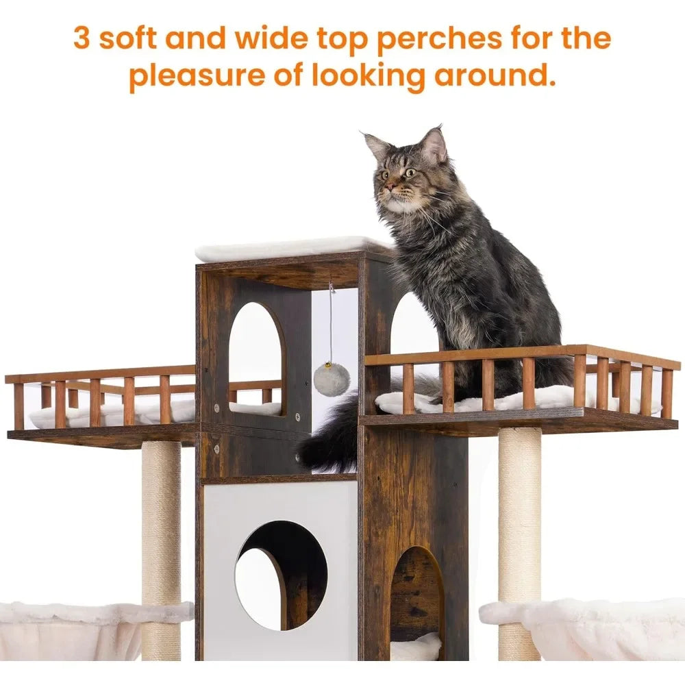 Cat Tree Tower with Litter Box Enclosure for Indoor Large or Small Cats - Modern Cat Condo Furniture