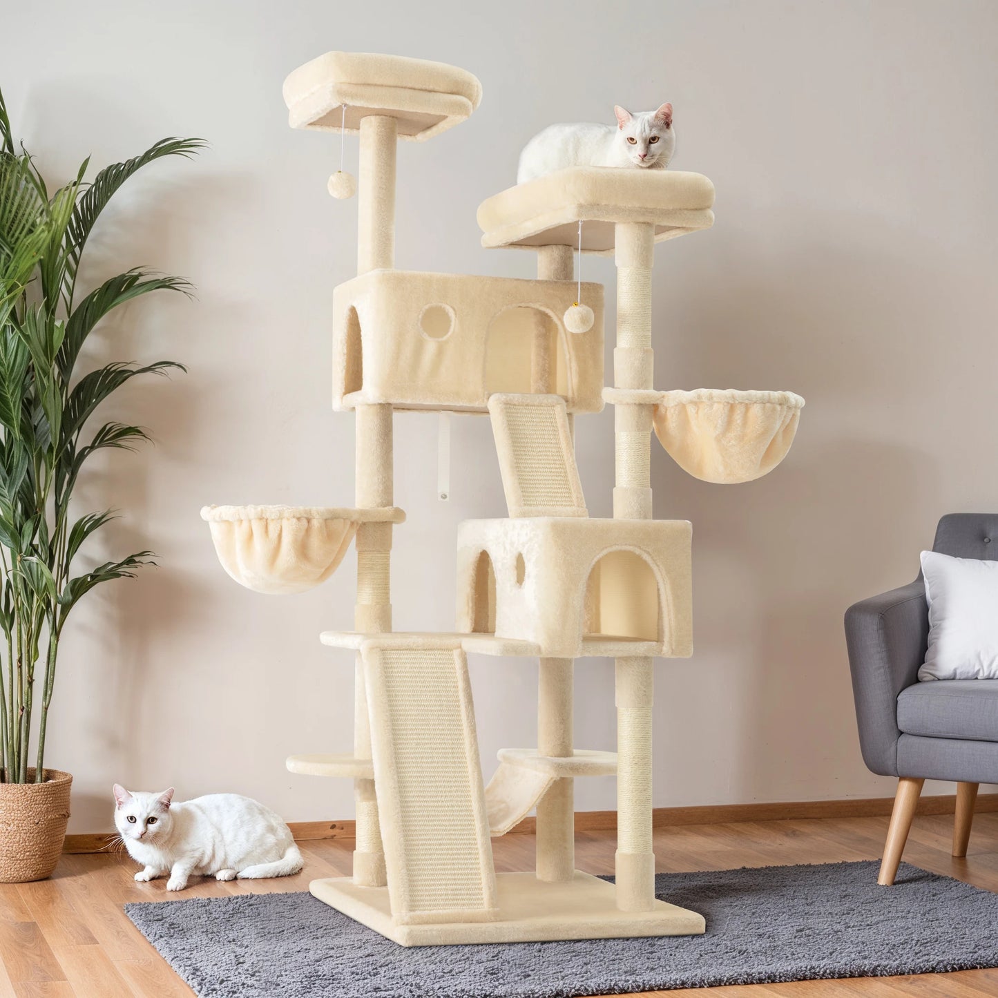 65in Multi-Level Large Cat Tree Tower with Plush Perches, Cozy Condos, Baskets & Sisal Scratching Posts - Premium Pet Furniture