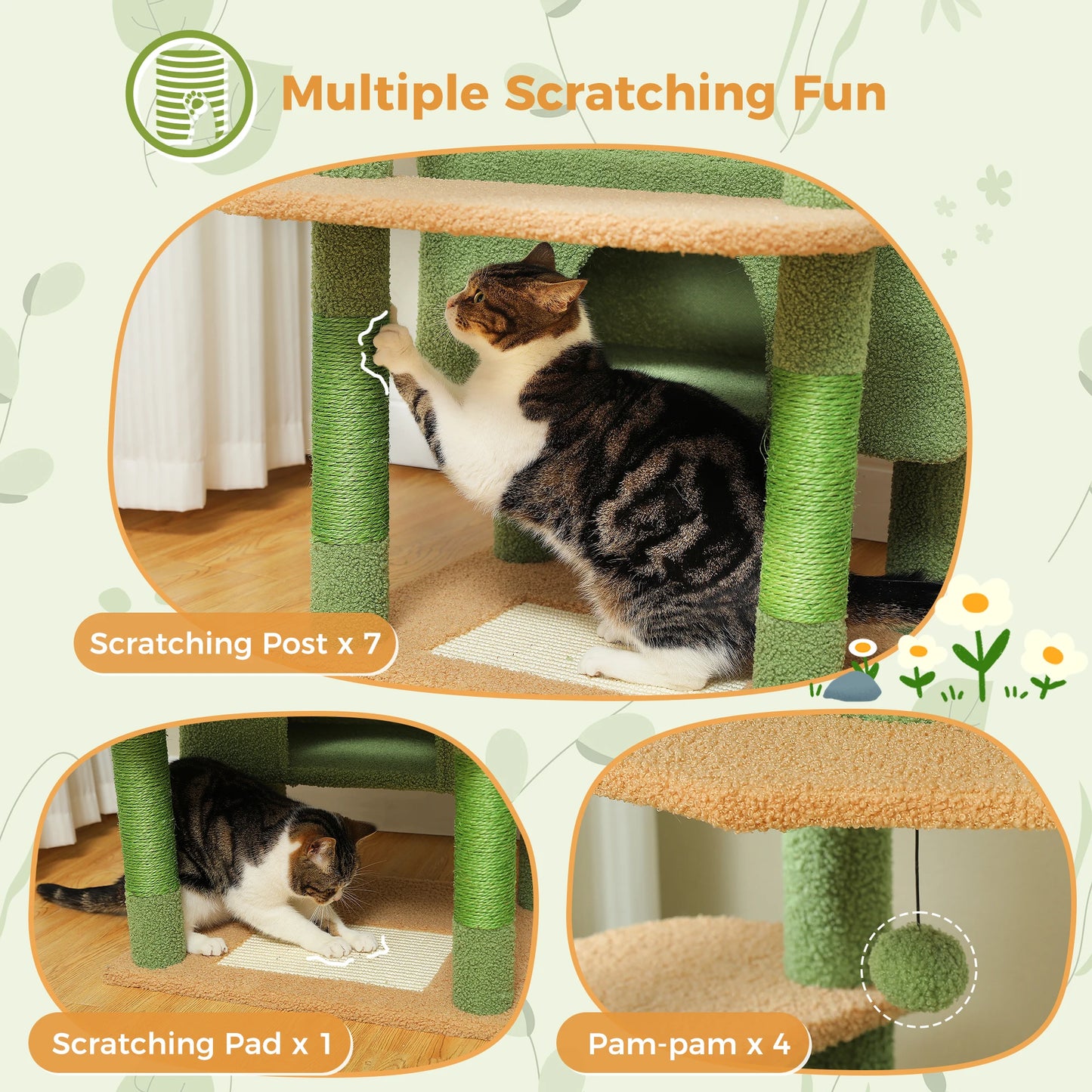 Large Green Cat Tree Tower – Multi-Level Indoor Playground with Sisal Scratching Posts, Spacious Hammock, Padded Perches & Cozy Condos