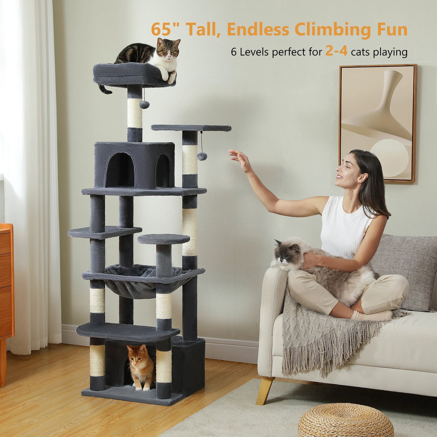 Large Cat Tree Tower for Indoor Cats – Sisal Scratching Posts, Spacious Hammock, Padded Perches & Cozy Condos