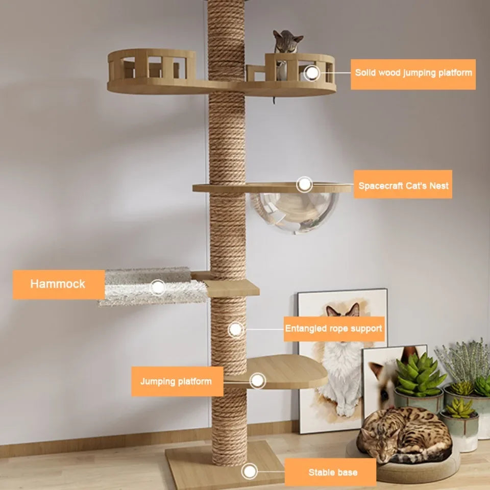 Floor-to-Ceiling Cat Tree Tower with Scratching Post, Hammock & Solid Wood Design – Perfect Pet Furniture for Climbing and Relaxing