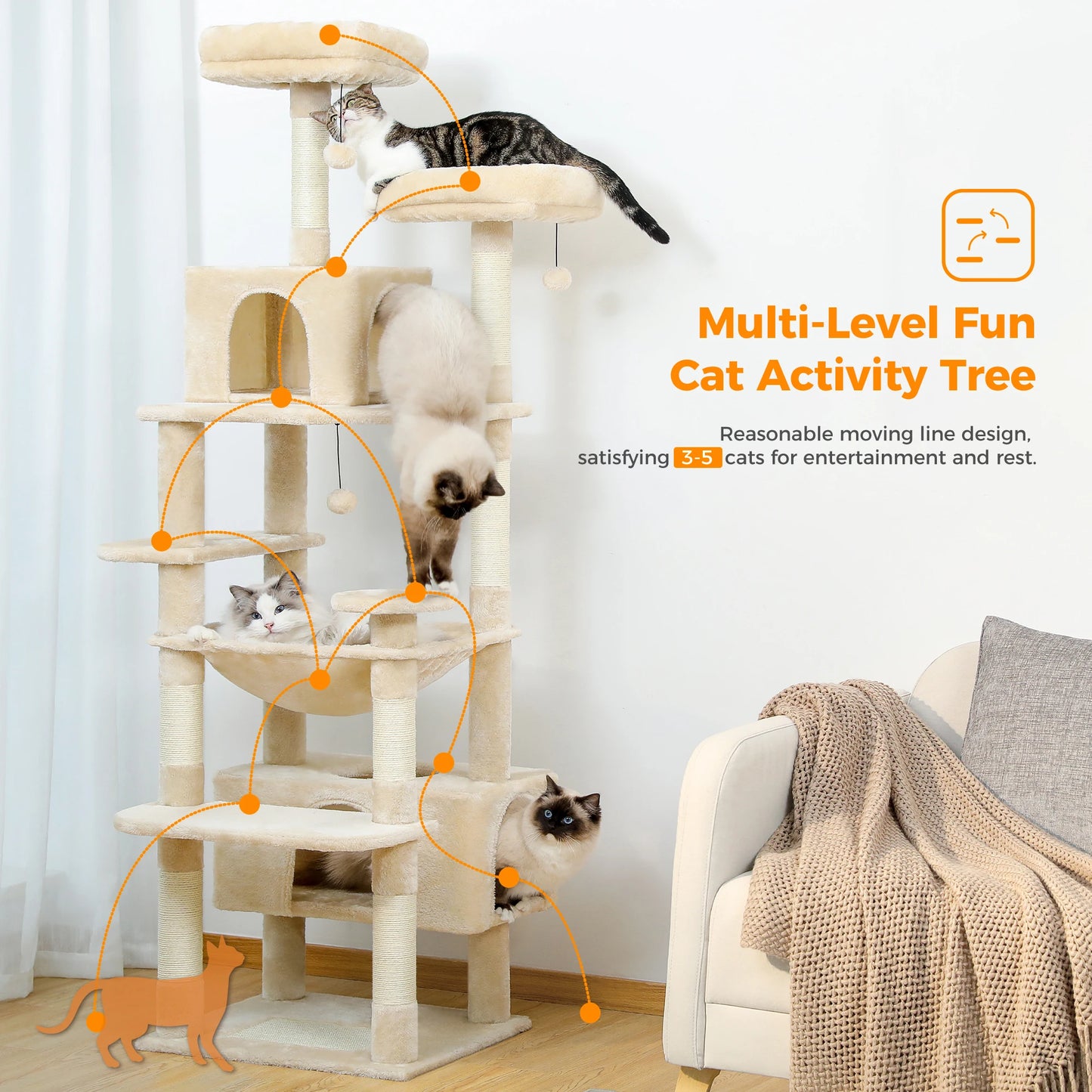 Large Cat Tree Tower for Indoor Cats – Sisal Scratching Posts, Spacious Hammock, Padded Perches & Cozy Condos