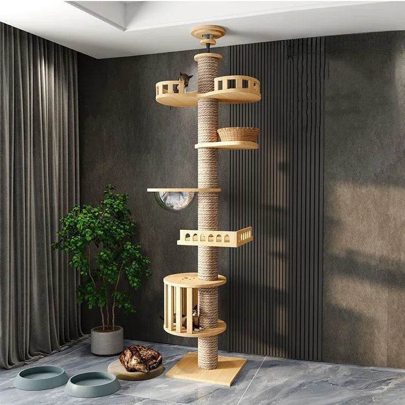 Floor-to-Ceiling Cat Tree Tower with Scratching Post, Hammock & Solid Wood Design – Perfect Pet Furniture for Climbing and Relaxing