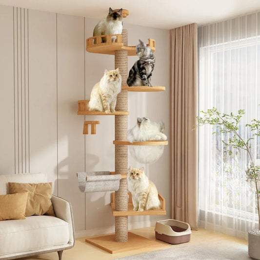 Floor-to-Ceiling Cat Tree Tower with Scratching Post, Hammock & Solid Wood Design – Perfect Pet Furniture for Climbing and Relaxing