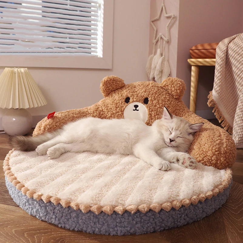 Teddy Bear Cat Bed – Cozy Pet Cushion with Pillow for Small Cats & Dogs – Soft, Washable Nest & Kennel Mat for Deep Sleep Comfort