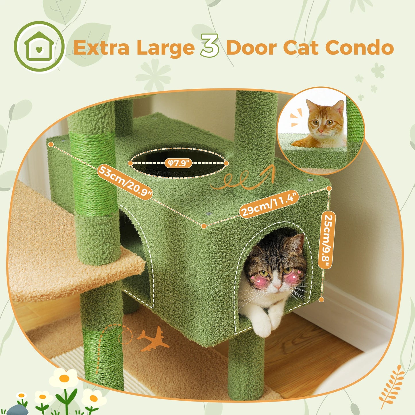 Large Green Cat Tree Tower – Multi-Level Indoor Playground with Sisal Scratching Posts, Spacious Hammock, Padded Perches & Cozy Condos