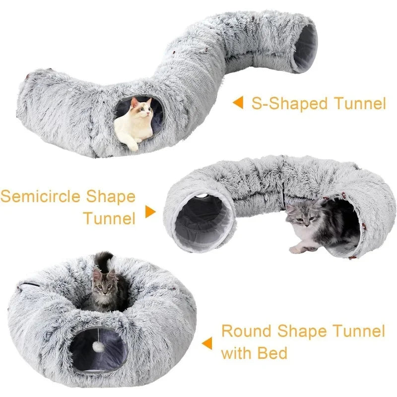 Plush Cat Tunnel Bed for Indoor Cats – Multifunctional Fluffy Donut Bed with Cozy Tunnel & Peekaboo Peephole