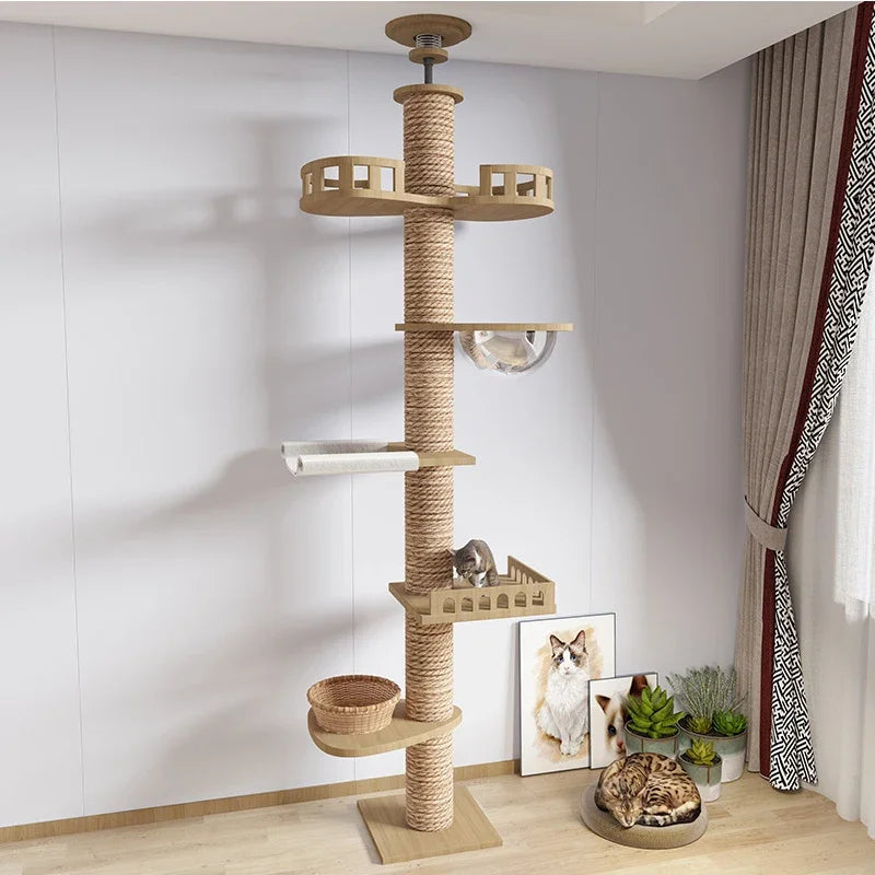 Floor-to-Ceiling Cat Tree Tower with Scratching Post, Hammock & Solid Wood Design – Perfect Pet Furniture for Climbing and Relaxing