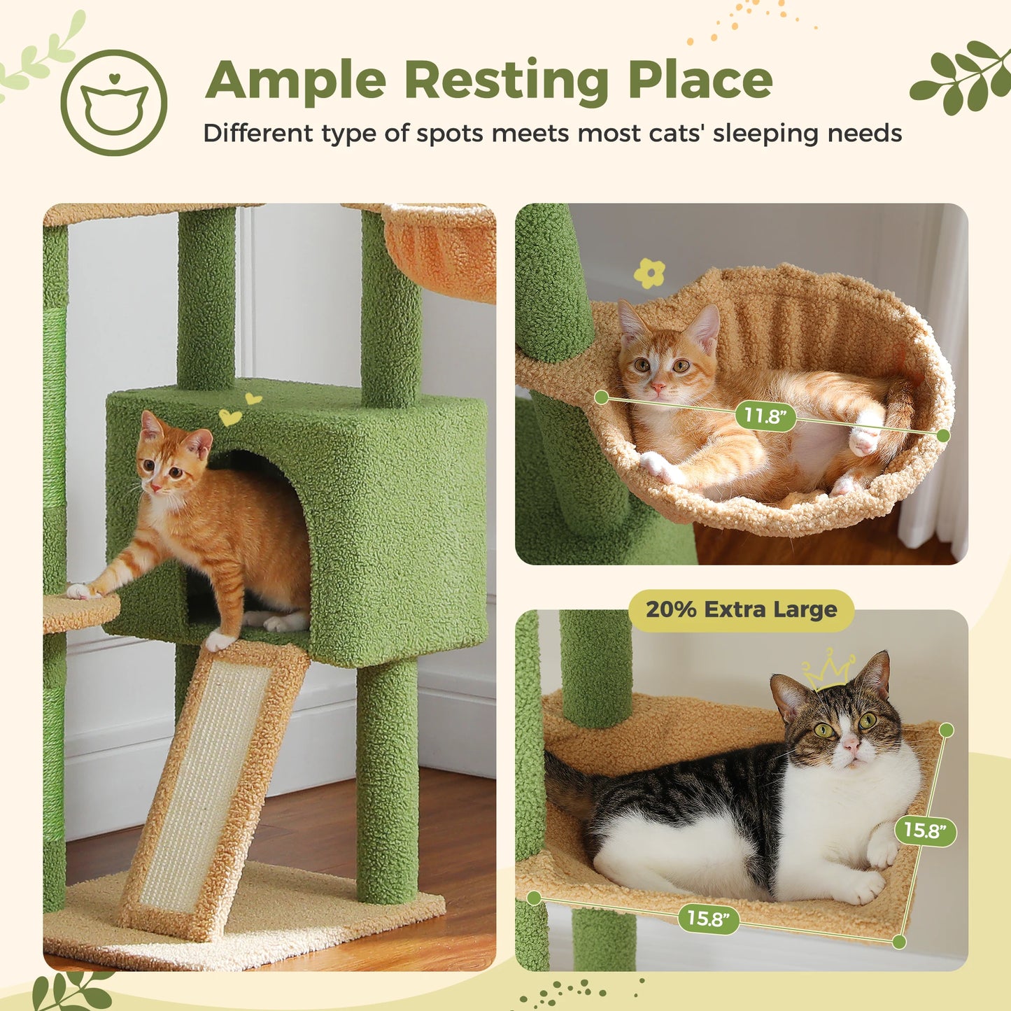 Cactus Floor-to-Ceiling Cat Tree – Adjustable Height Cat Tower with Cozy Condo, Hammock & Scratching Post – Tall Activity Tree