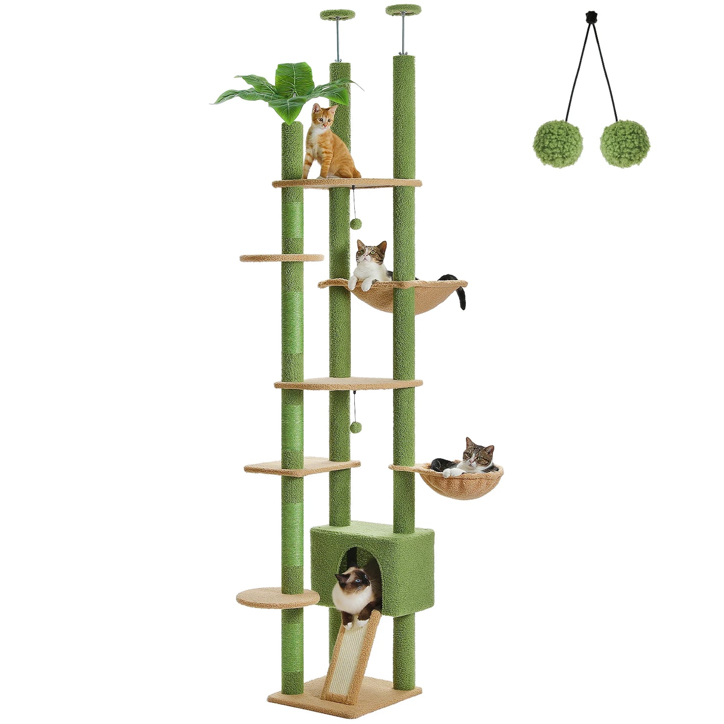 Cactus Floor-to-Ceiling Cat Tree – Adjustable Height Cat Tower with Cozy Condo, Hammock & Scratching Post – Tall Activity Tree