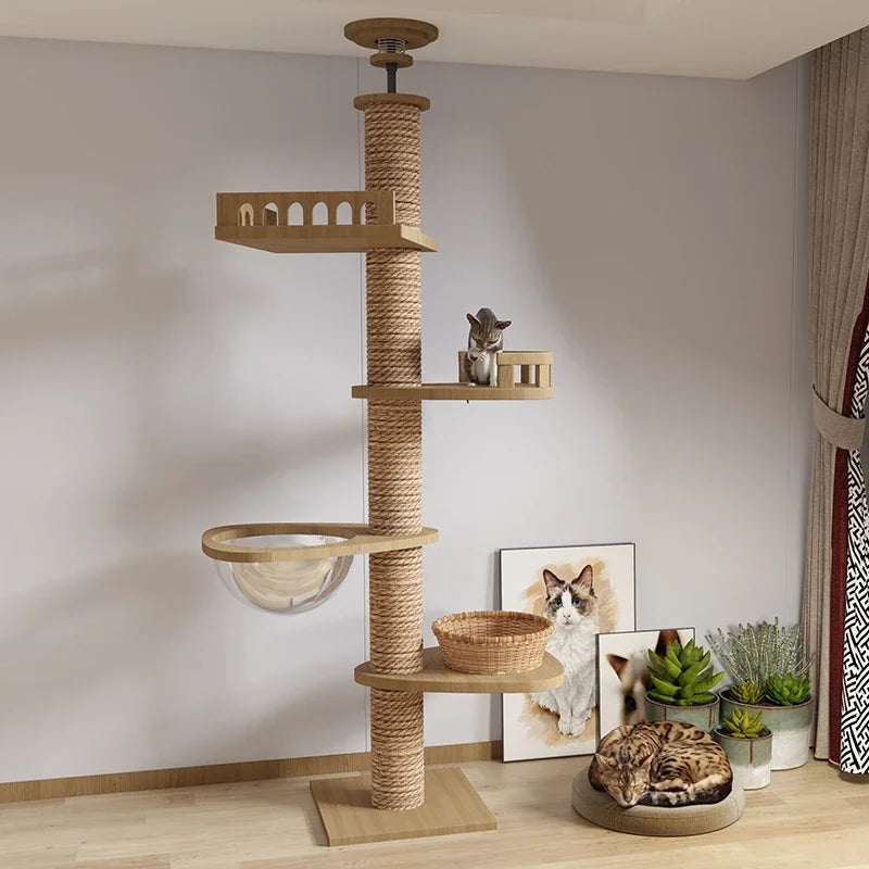 Floor-to-Ceiling Cat Tree Tower with Scratching Post, Hammock & Solid Wood Design – Perfect Pet Furniture for Climbing and Relaxing