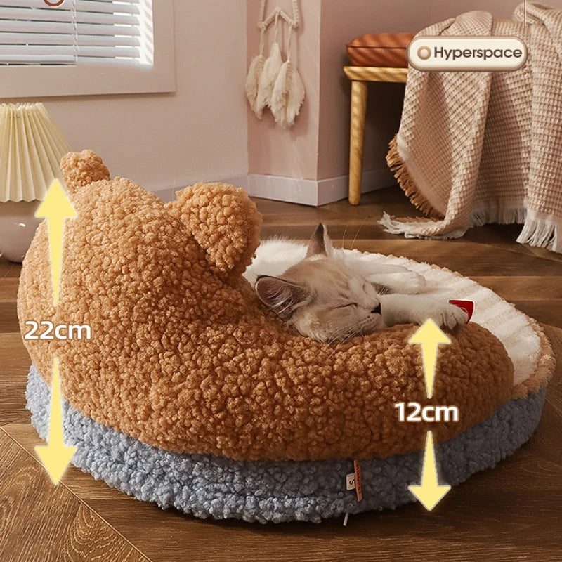 Teddy Bear Cat Bed – Cozy Pet Cushion with Pillow for Small Cats & Dogs – Soft, Washable Nest & Kennel Mat for Deep Sleep Comfort